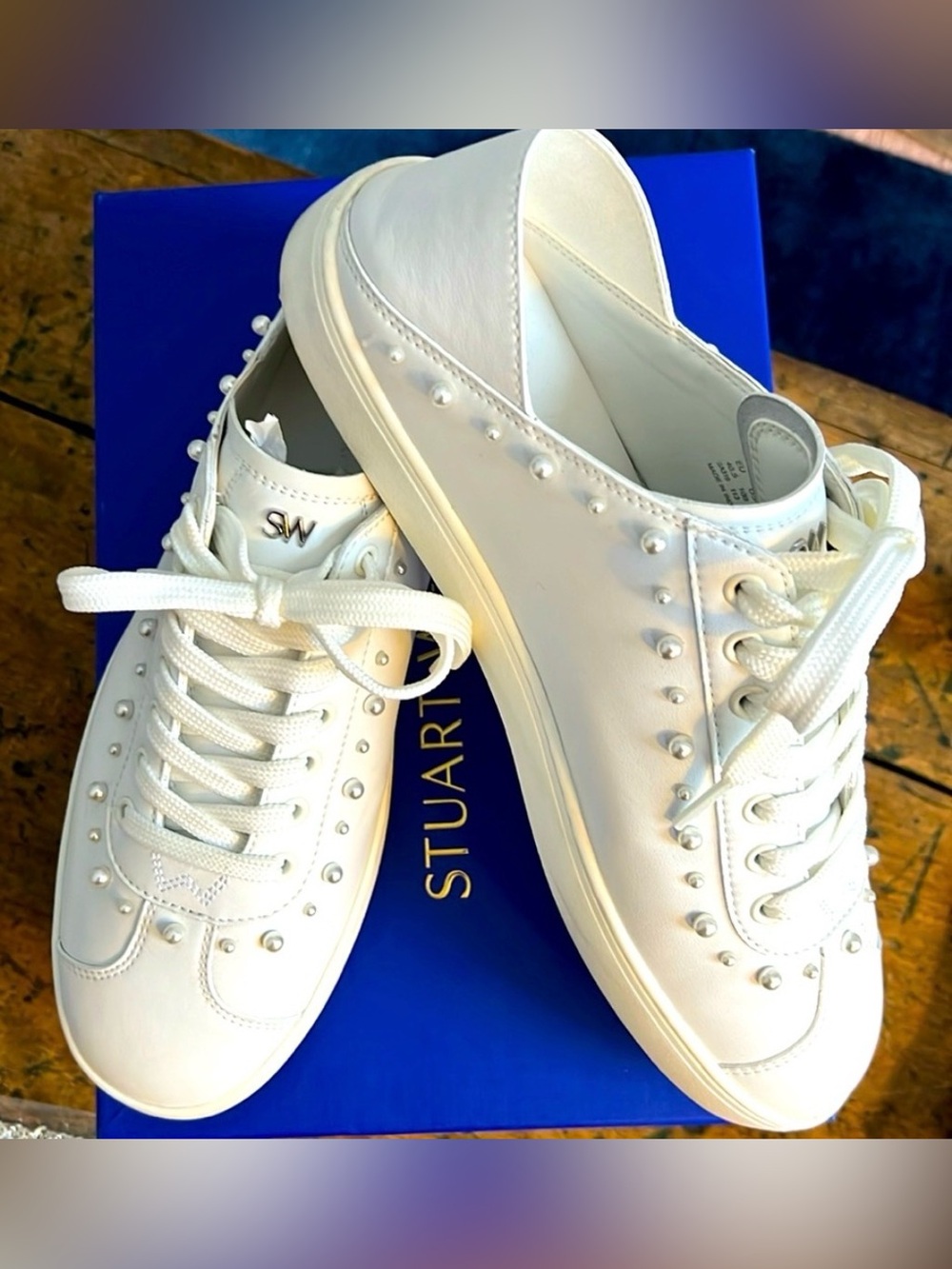 STUART WEITZMAN Women's Tillie Faux Pearl-Studded Leather Sneakers